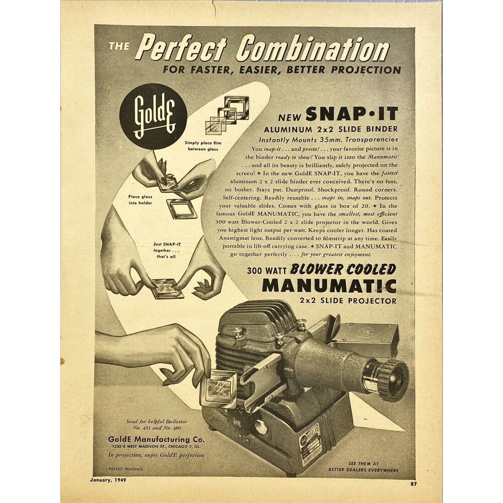 GoldE Manufacturing "Blower Cooled Manumatic 2x2 Slide Projector" Print Ad 1949